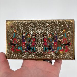 Vintage Volupte Gold Tone Enameled Hunting Scene Cigarette Case, Made in USA